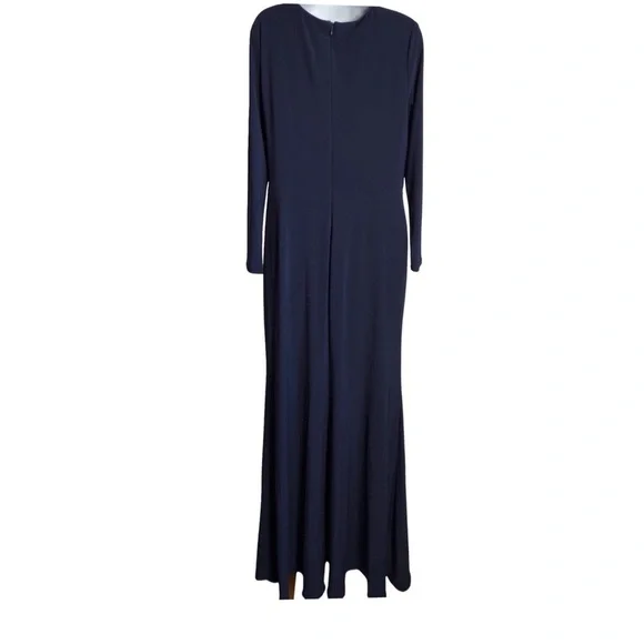 New Betsy & Adam Navy  "Elle" Long Sleeve Side Ruffled Slit Gown Size 14 - Picture 10 of 15
